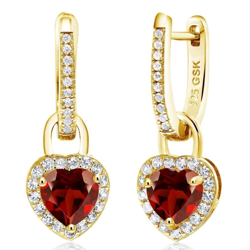 18K Yellow Gold 925 with 2.50 Cttw Garnet and White Sapphire Heart Drop Earrings